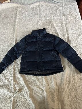 Aritzia Superpuff Metallic Navy Blue Puffer Jacket